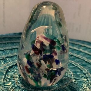 Glass Paperweight Confetti of Green, Blue, and Purple with White Volcano Center